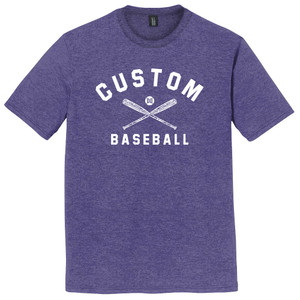 Custom Text Name Arched over Crossed Bat and Baseball With Custom Number In Ball Mens Tri-Blend DTG T-shirt - Purple Heather