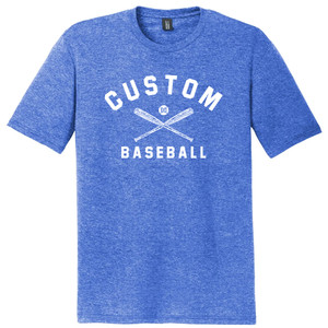 Custom Text Name Arched over Crossed Bat and Baseball With Custom Number In Ball Mens Tri-Blend DTG T-shirt - Royal Blue Heather