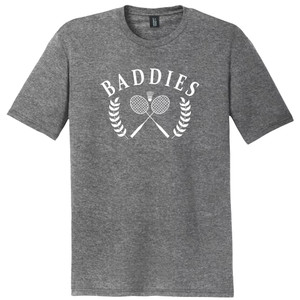 Baddies Crossed Badminton Rackets and Shuttle Cock White Ink On Mens Tri-Blend DTG T-shirt - Grey Heather