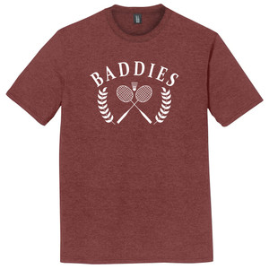 Baddies Crossed Badminton Rackets and Shuttle Cock White Ink On Mens Tri-Blend DTG T-shirt - Maroon Heather