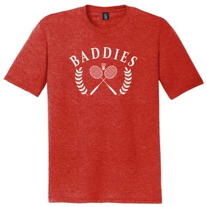 Baddies Crossed Badminton Rackets and Shuttle Cock White Ink On Mens Tri-Blend DTG T-shirt - Red Heather