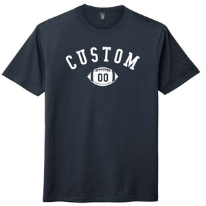 Custom Text Name Arched over Football With Custom Number In Ball Mens Tri-Blend DTG T-shirt - Navy Blue Solid