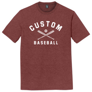 Custom Text Name Arched over Crossed Bat and Baseball With Custom Number In Ball Mens Tri-Blend DTG T-shirt - Maroon Heather