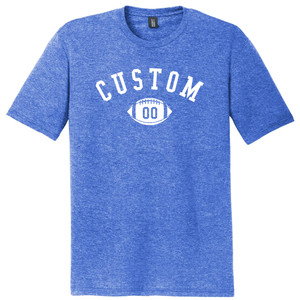 Custom Text Name Arched over Football With Custom Number In Ball Mens Tri-Blend DTG T-shirt - Royal Blue Heather