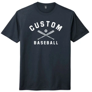 Custom Text Name Arched over Crossed Bat and Baseball With Custom Number In Ball Mens Tri-Blend DTG T-shirt - Navy Blue Solid