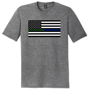 Police And Military Thin Blue And Green Line 12 Inches Mens Tri-Blend DTG T-shirt - Grey Heather