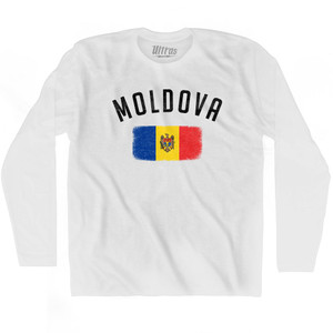 Moldova Country Flag Heritage Adult Cotton Long Sleeve T-shirt - White Moldova Country Flag Heritage Adult Cotton Long Sleeve T-shirt - White