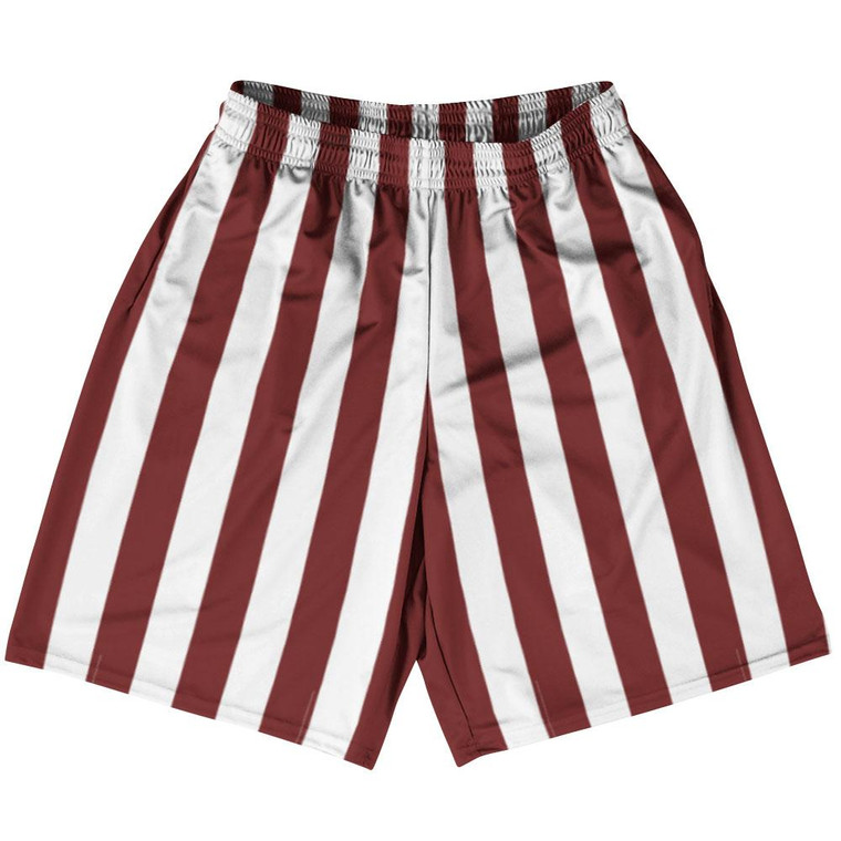 Maroon Red & White Vertical Stripe Basketball Practice Shorts Made In USA by Ultras Basketball