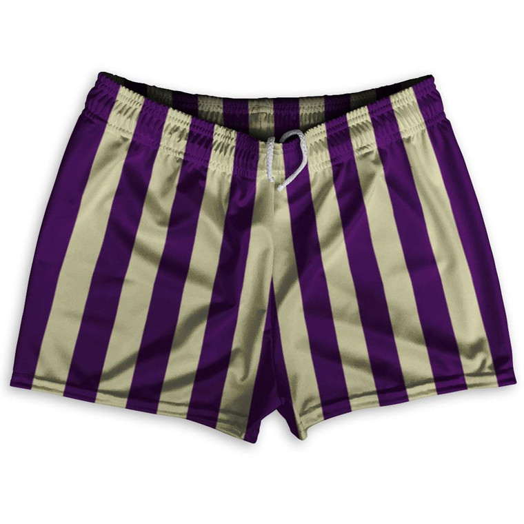 Medium Purple & Vegas Gold Vertical Stripe Shorty Short Gym Shorts 2.5" Inseam Made In USA by Ultras