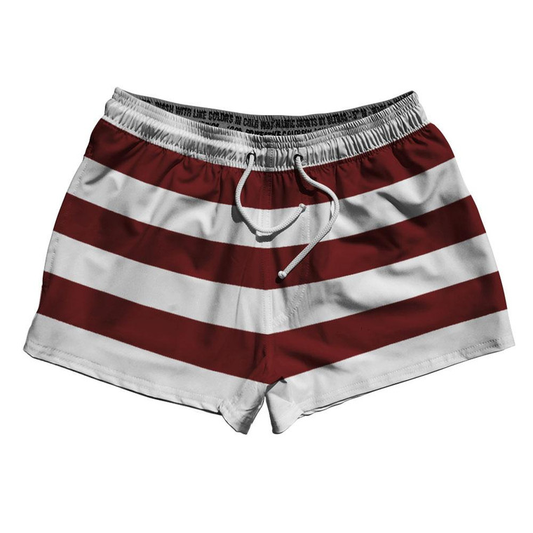 Maroon Red & White Horizontal Stripe 2.5" Swim Shorts Made in USA by Ultras