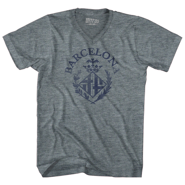 Barcelona Vintage Soccer City Crest Adult Tri-Blend V-neck T-shirt - Athletic Grey