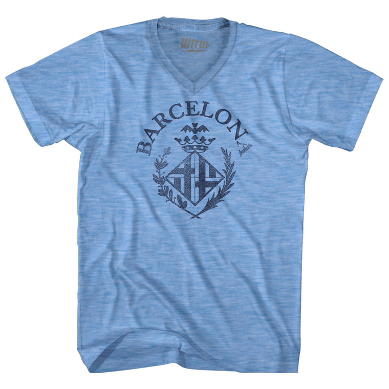 Barcelona Vintage Soccer City Crest Adult Tri-Blend V-neck T-shirt - Athletic Blue