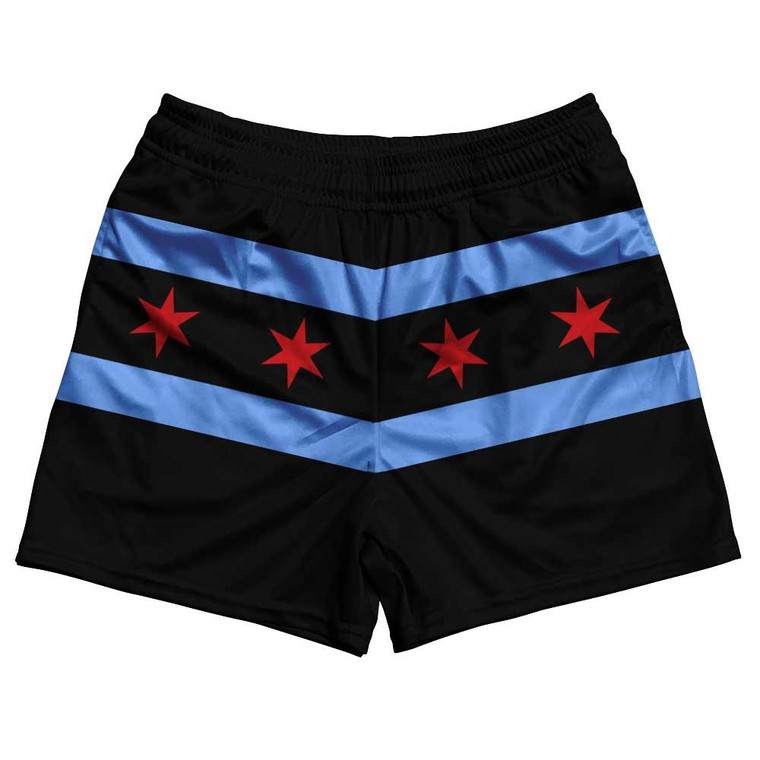Chicago Flag Black Rugby Gym Short 5 Inch Inseam With Pockets Made In USA-Black
