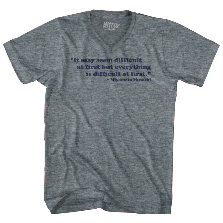 It May Seem Difficult At First But Everything Is Difficult At First Miyamoto Musashi Tri-Blend V-neck Womens Junior Cut T-shirt - Athletic Grey