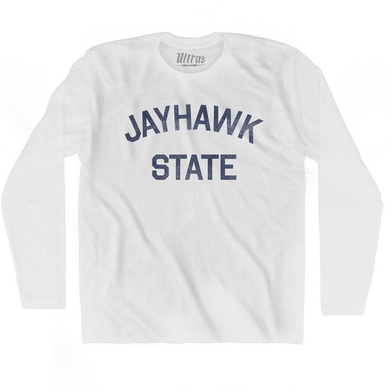 Kansas Jayhawk State Nickname Adult Cotton Long Sleeve T-shirt-White