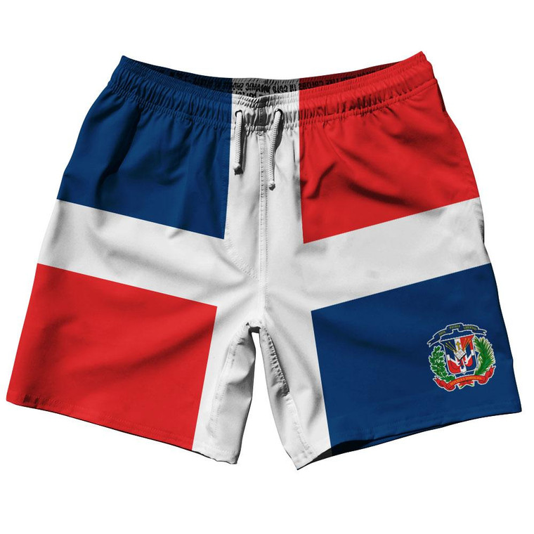 Dominican Republic Country Flag 7.5" Swim Shorts Made in USA-Red White Blue