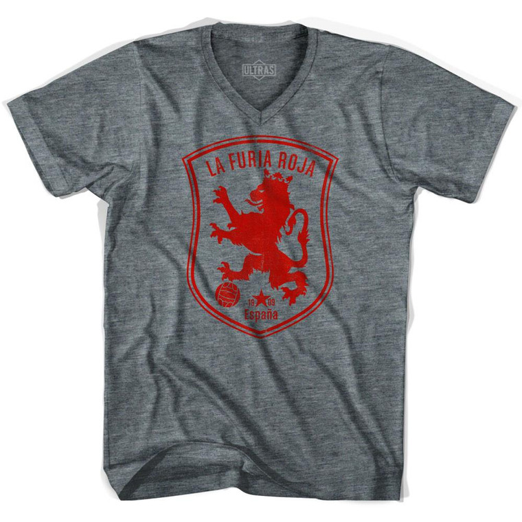 Spain Espana La Furia Roja Lion Adult Tri-Blend V-neck Womens Soccer Junior Cut T-shirt - Athletic Grey