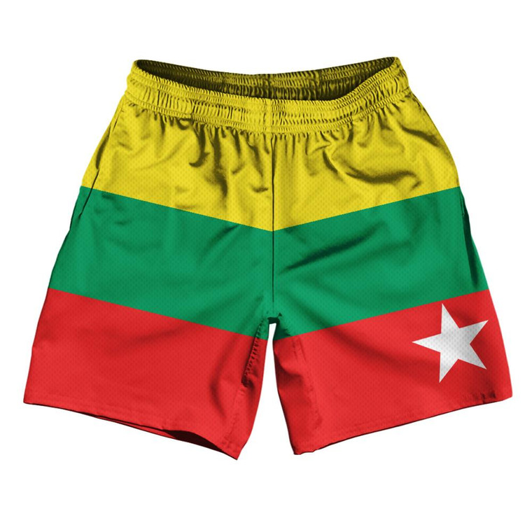 Myanmar Country Flag Athletic Running Fitness Exercise Shorts 7" Inseam Made In USA-Green Yellow Red