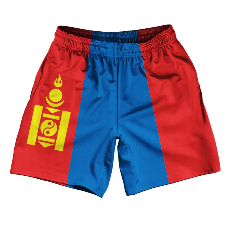 Mongolia Country Flag Athletic Running Fitness Exercise Shorts 7" Inseam Made In USA - Red Blue