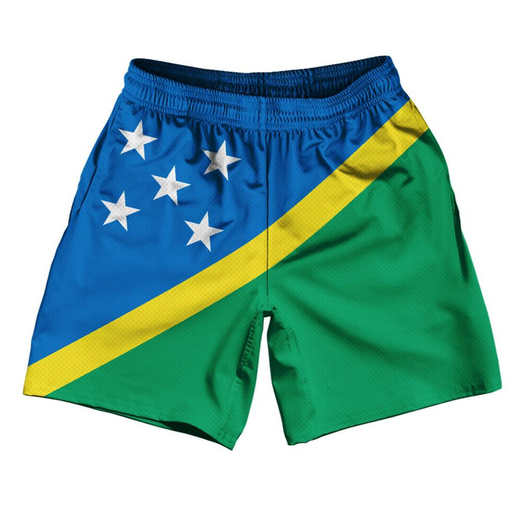Solomon Islands Country Flag Athletic Running Fitness Exercise Shorts 7" Inseam Made In USA - Blue Yellow Green