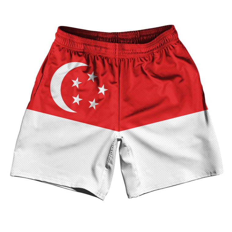 Singapore Country Flag Athletic Running Fitness Exercise Shorts 7" Inseam Made In USA - Red White