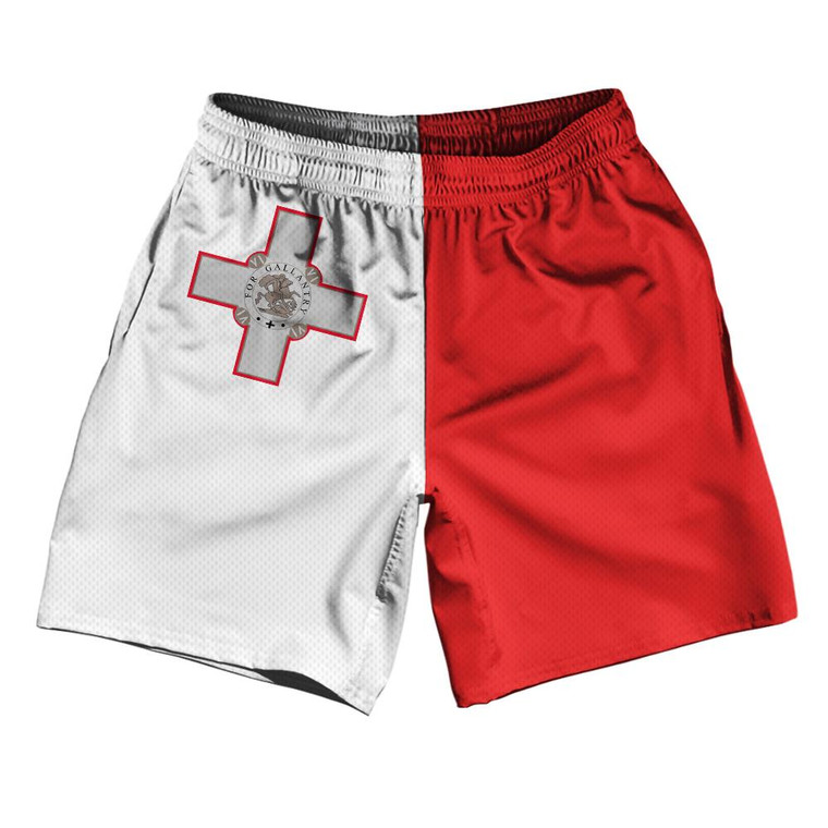 Malta Country Flag Athletic Running Fitness Exercise Shorts 7" Inseam Made In USA - White Red