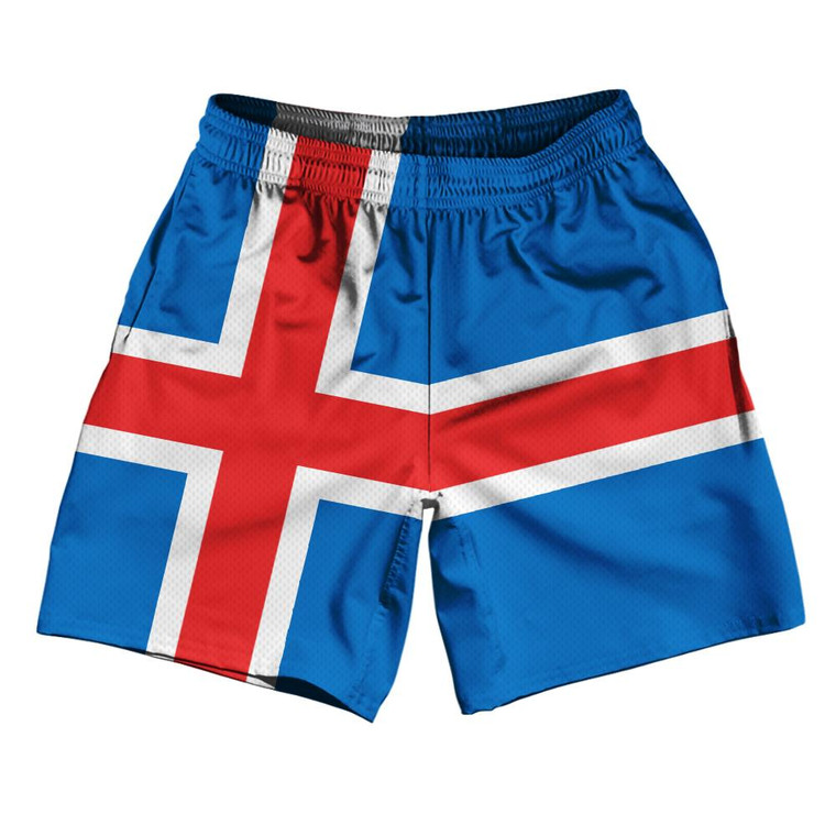 Iceland Country Flag Athletic Running Fitness Exercise Shorts 7" Inseam Made In USA - White Blue