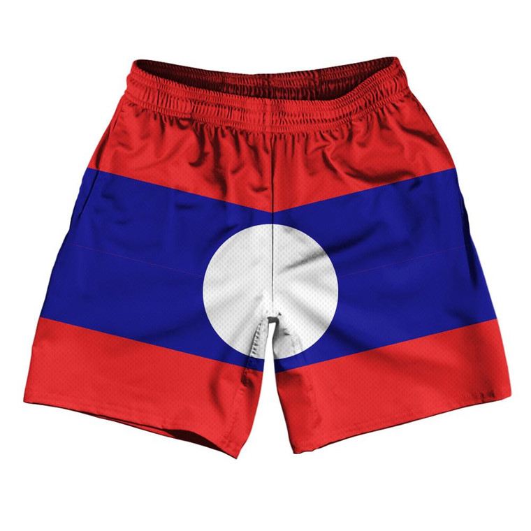 Laos Country Flag Athletic Running Fitness Exercise Shorts 7" Inseam Made In USA - Red Blue