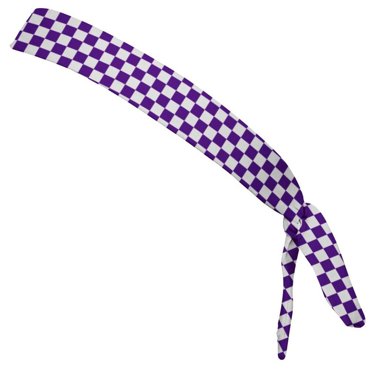 Checkerboard Purple & White Elastic Tie Running Fitness Skinny Headbands Made In USA - Purple White