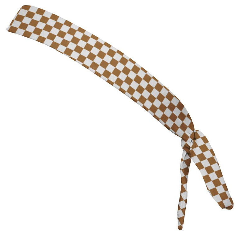 Checkerboard Dark Brown & White Elastic Tie Running Fitness Skinny Headbands Made In USA - Brown White