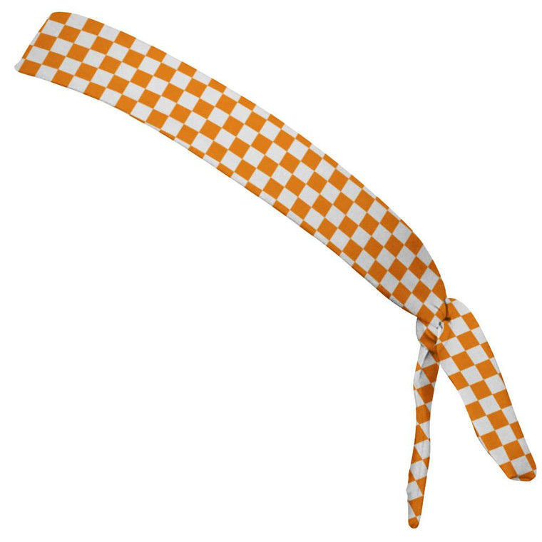 Checkerboard Orange & White Elastic Tie Running Fitness Skinny Headbands Made In USA - Orange White