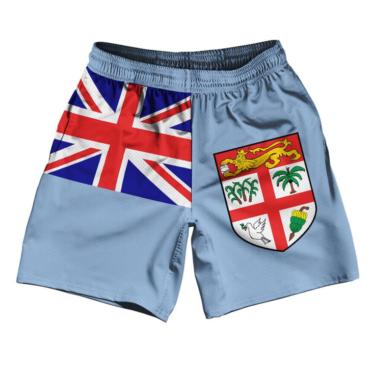 Fiji Country Flag Athletic Running Fitness Exercise Shorts 7" Inseam Made In USA - Light Blue White