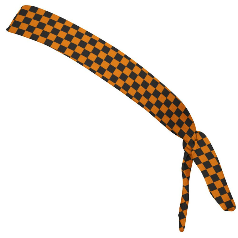 Checkerboard Orange & Black Elastic Tie Running Fitness Skinny Headbands Made In USA - Orange Black