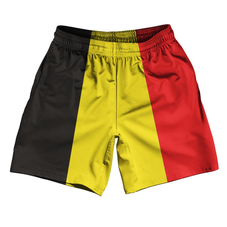 Belgium Country Flag Athletic Running Fitness Exercise Shorts 7" Inseam Made In USA - Black Yellow Red