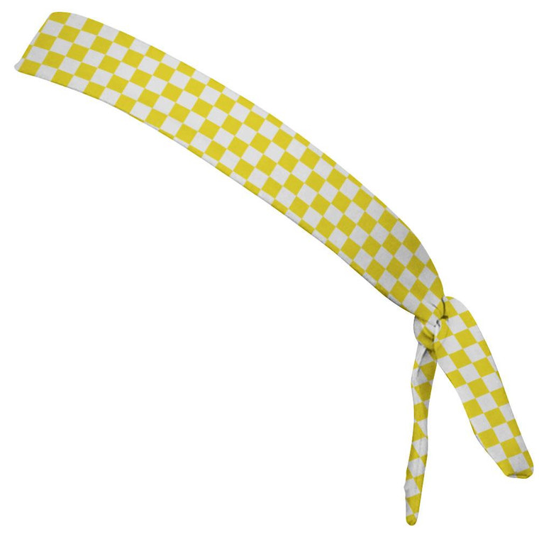 Checkerboard Yellow & White Elastic Tie Running Fitness Skinny Headbands Made In USA - Yellow White