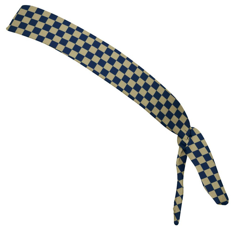 Checkerboard Vegas Gold & Navy Elastic Tie Running Fitness Skinny Headbands Made In USA - Gold Navy