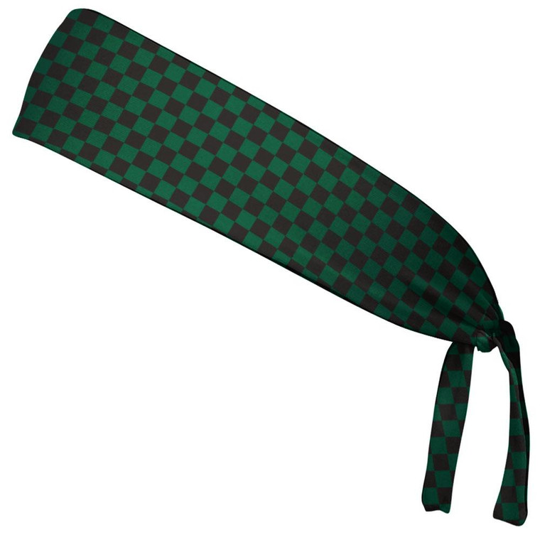 Checkerboard Hunter Green & Black Elastic Tie Running Fitness Headbands Made In USA - Green Black