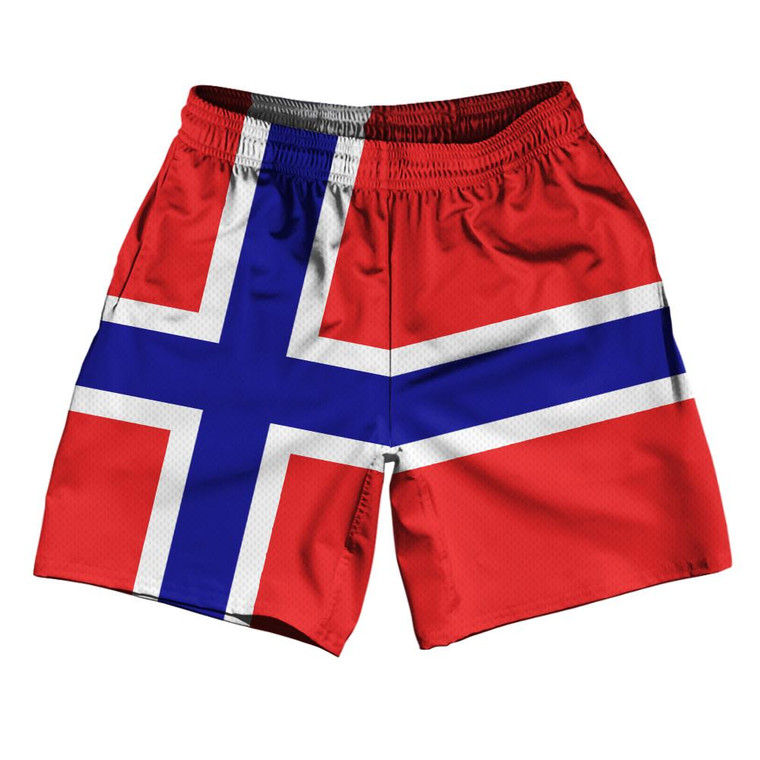 Norway Country Flag Athletic Running Fitness Exercise Shorts 7" Inseam Made In USA - Blue Red