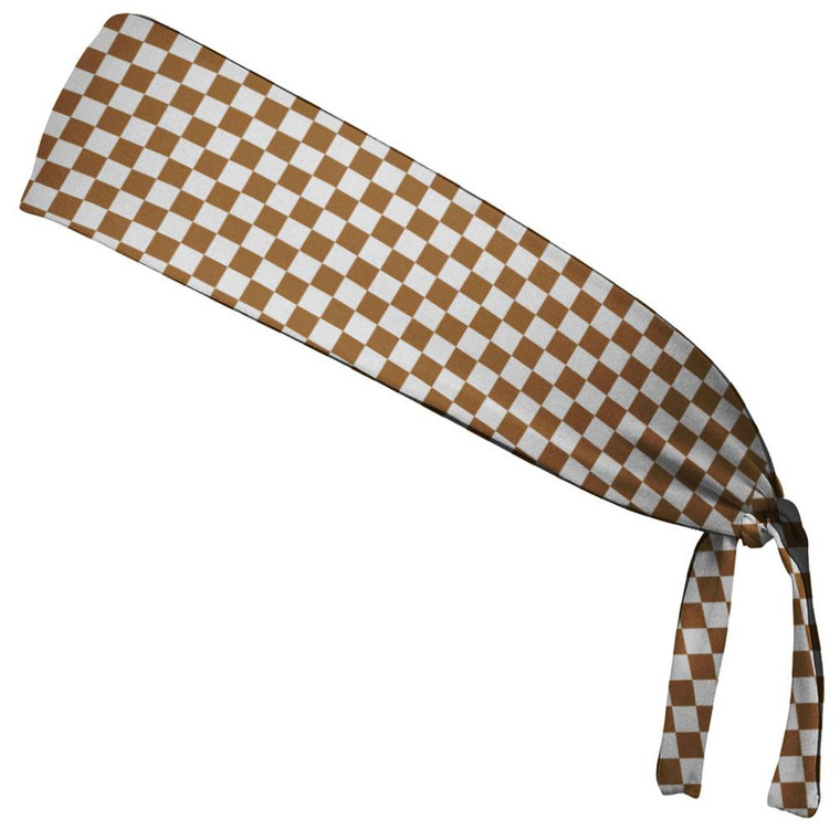 Checkerboard Dark Brown & White Elastic Tie Running Fitness Headbands Made In USA - Brown White