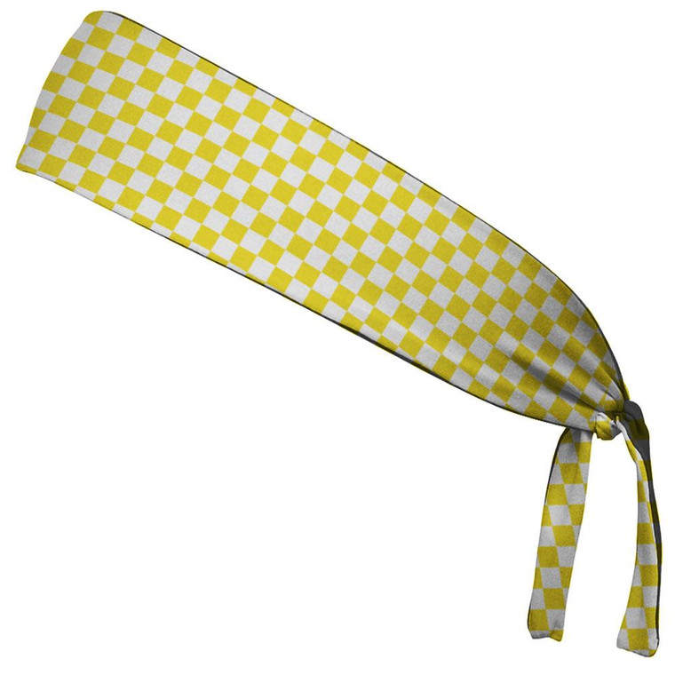 Checkerboard Yellow & White Elastic Tie Running Fitness Headbands Made In USA - Yellow White