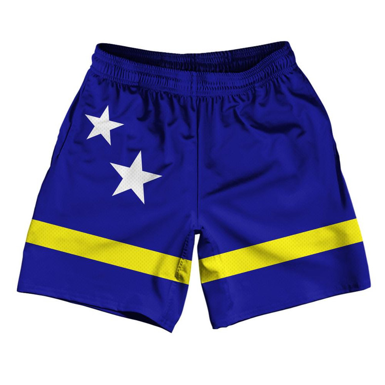 Curacao Country Flag Athletic Running Fitness Exercise Shorts 7" Inseam Made In USA - Blue Yellow