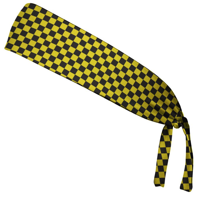 Checkerboard Yellow & Black Elastic Tie Running Fitness Headbands Made In USA - Yellow Black