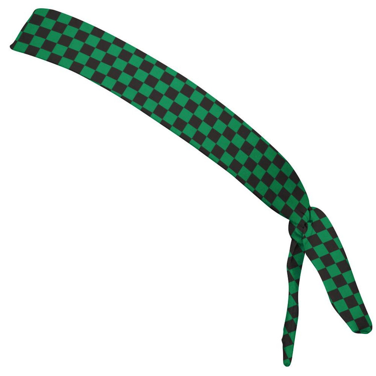 Checkerboard Kelly Green & Black Elastic Tie Running Fitness Skinny Headbands Made In USA - Green Black