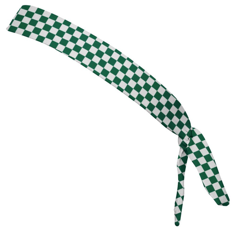 Checkerboard Hunter Green & White Elastic Tie Running Fitness Skinny Headbands Made In USA - Green White