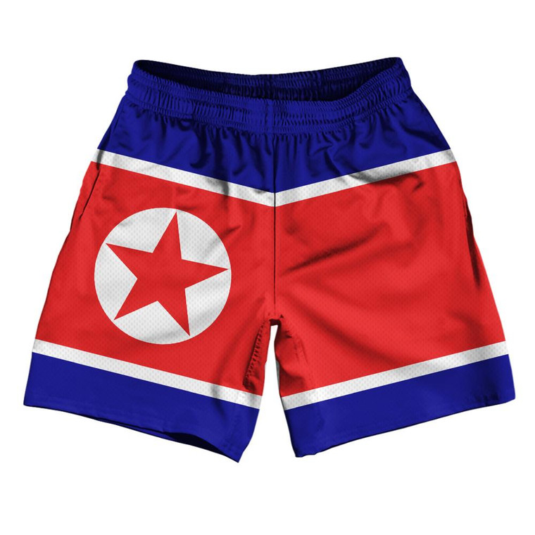 North Korea Country Flag Athletic Running Fitness Exercise Shorts 7" Inseam Made In USA - Blue Red
