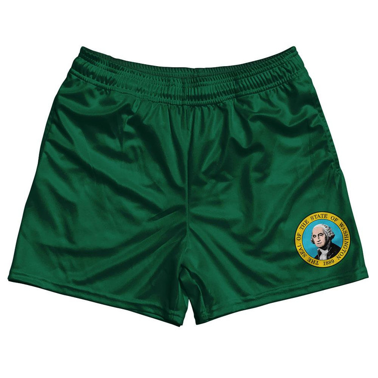 Washington State Flag Rugby Gym Short 5 Inch Inseam With Pockets Made In USA - Green