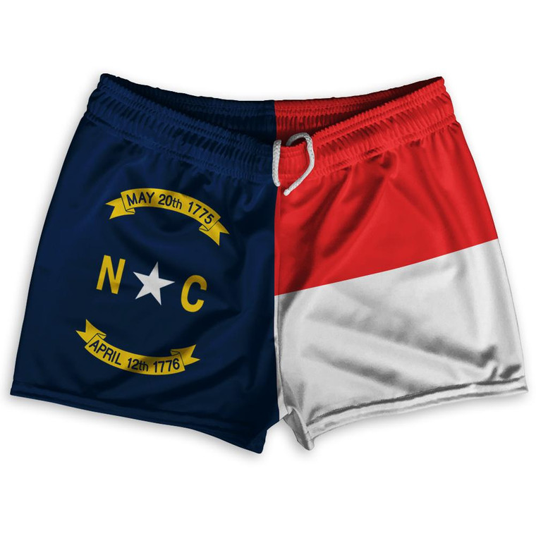 North Carolina State Flag Shorty Short Gym Shorts 2.5" Inseam Made in USA - Blue White Red
