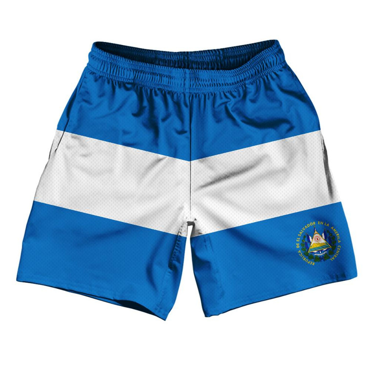 El Salvador Country Flag Athletic Running Fitness Exercise Shorts 7" Inseam Made In USA - Blue White