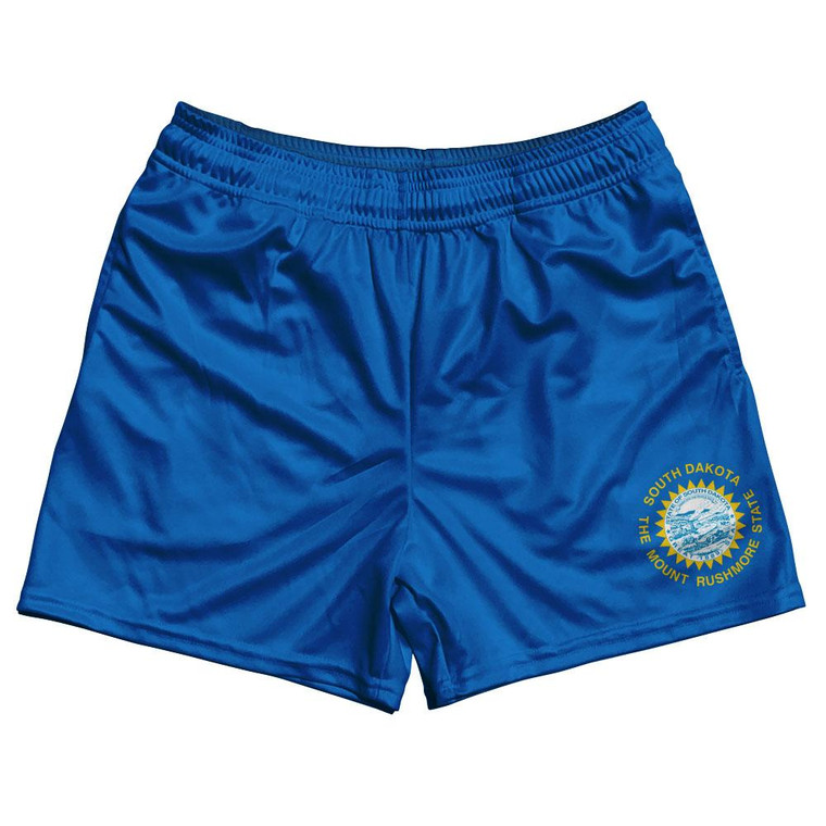 South Dakota State Flag Rugby Gym Short 5 Inch Inseam With Pockets Made In USA-Sky Blue