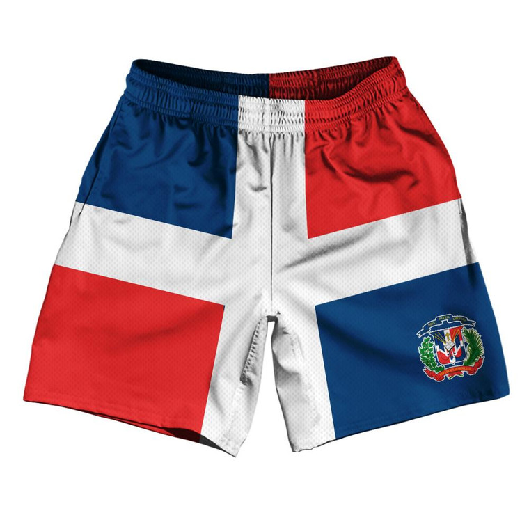 Dominican Republic Country Flag Athletic Running Fitness Exercise Shorts 7" Inseam Made In USA - Red White Blue